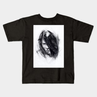 charcoal drawing of girl hiding behind her hair Kids T-Shirt